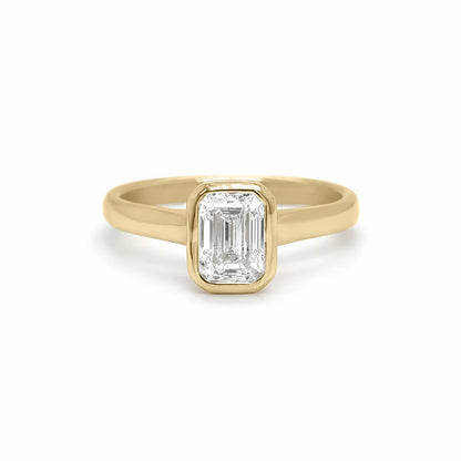 14KY 1.00CT EMERALD CUT DIAMOND BEZEL SOLILITAIRE RING SI2/G 3.0G