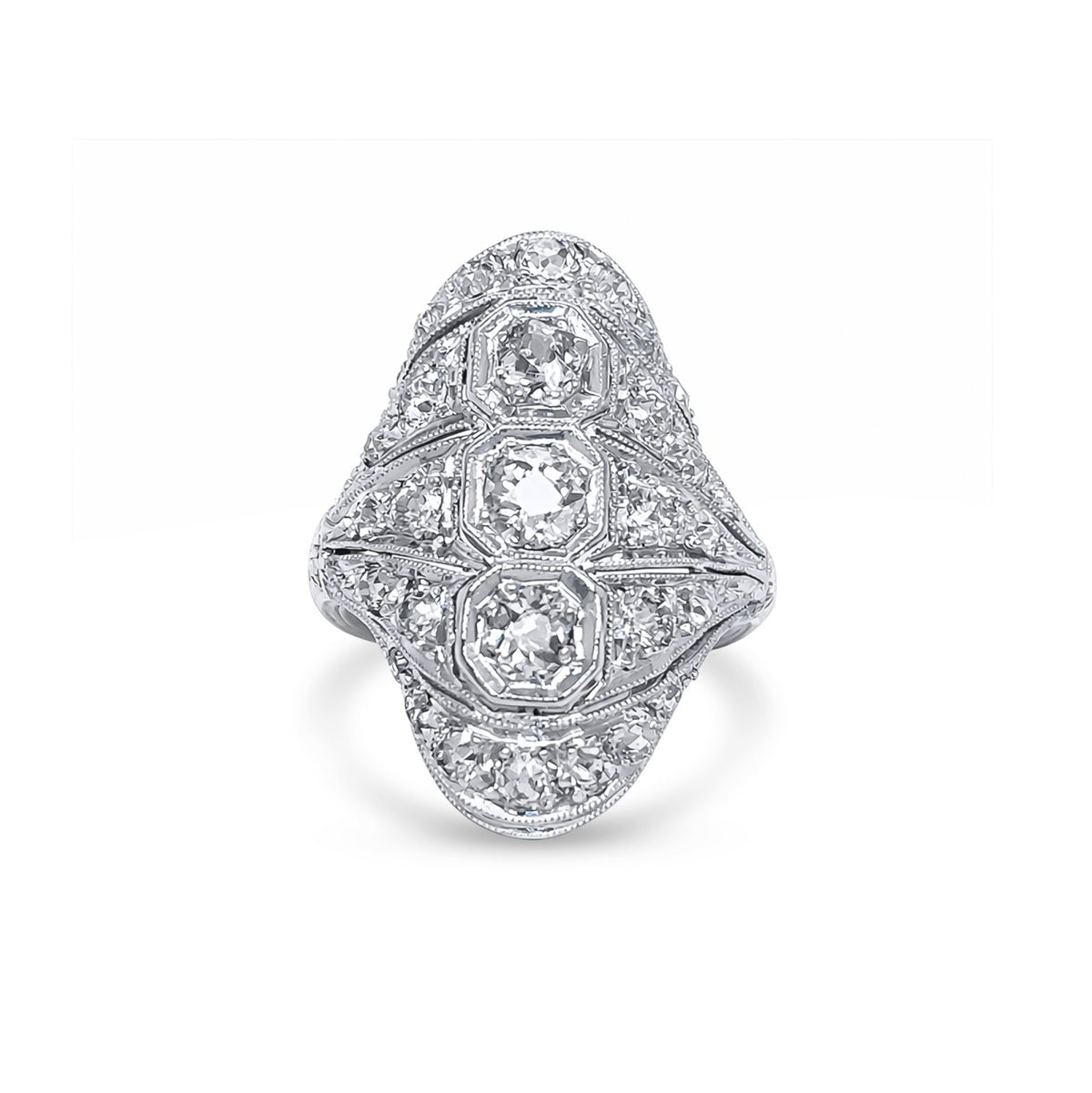 Diamond ring with intricate design on a white background