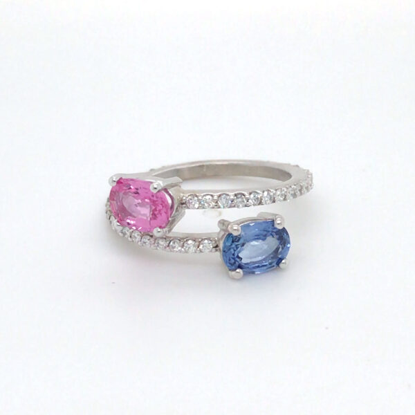 2.42CTW Blue & Pink Sapphire Diamond Bypass Ring - 14KW