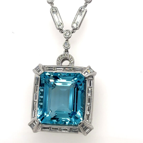 28.27ctw Aquamarine and Diamond Pendant Necklace - 18KW - Image 3